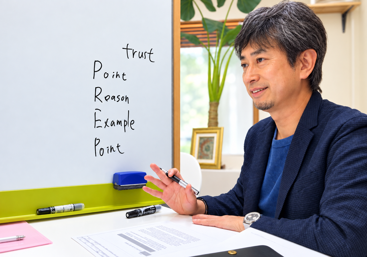 横山元がホワイトボードを使い英作文の考え方を指導している様子